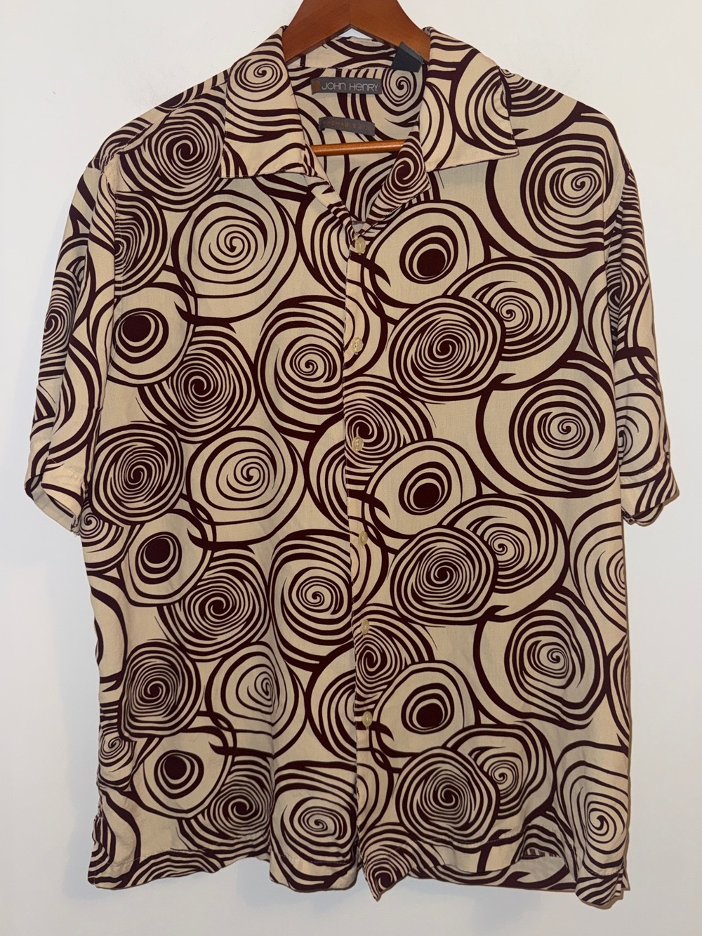 John Henry Washable Silk Abstract Swirl Camp Shirt Men’s XL Brown Cream Resort - Picture 2 of 12
